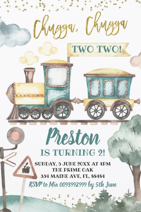 Chugga Chugga Two Two! Second Birthday Party Invitations for Boys Train Second Birthday, Boy Second Birthday, Boy 2nd Birthday, Train Theme Birthday Party, Chugga Chugga Two Two, Second Birthday Boys, Train Invitation, Transportation Party, 2nd Birthday Party For Boys