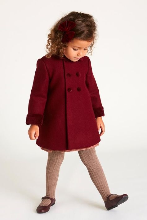 Burgundy Coat, Girls Winter Outfits, Girls Winter Dresses, Winter Outfits For Girls, Velvet Collar, Fashion Baby Girl Outfits