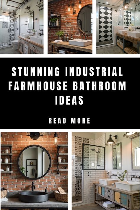 Stunning industrial farmhouse bathroom ideas with brick walls, round mirrors, and geometric tiles. Masculine Farmhouse Bathroom, Industrial Half Bath, Modern Rustic Guest Bathroom, Industrial Farmhouse Style, Industrial Bathroom Decor Ideas, Industrial Farmhouse Bathroom Ideas, Industrial Chic Bathroom, Industrial Style Bathroom Ideas, Farmhouse Industrial Bathroom