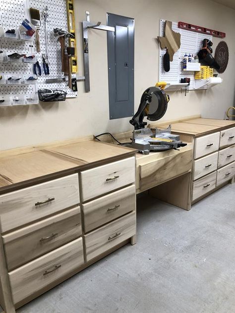 Diy Garage Work Bench With Cabinets, Miter Station, Garage Woodshop, Garage Workbench Plans, Workshop Cabinets, Mitre Saw Station, Garage Workshop Plans, Workshop Layout, Garage Renovation