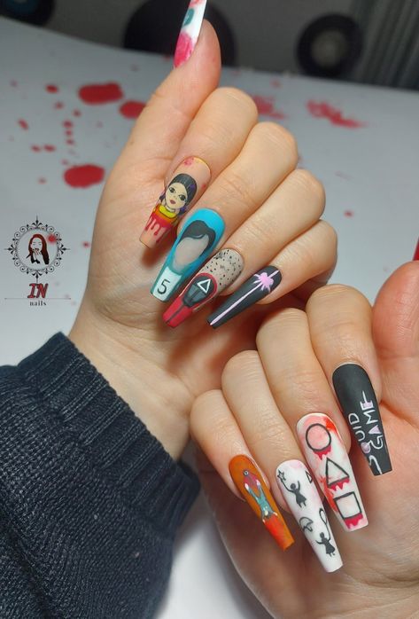 Halloween decorations ideas for nails, squid game inspiration nails Squid Game Nails, Nails Decoration Ideas, Baby Mehndi, Baby Mehndi Design, Character Nails, Halloween Decorations Ideas, Inspiration Nails, Ideas For Nails, Game Themes