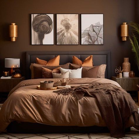 Shades Of Brown Bedroom Decor, Bedroom Ideas Browns, Brown And Gold Room Bedrooms, Black Brown Room Decor, Copper Bedroom Decor Colour Schemes, Brown Aesthetic Interior Design, Brown Color Bedroom Ideas, Chocolate Bedroom Decor, Caramel Brown Bedroom