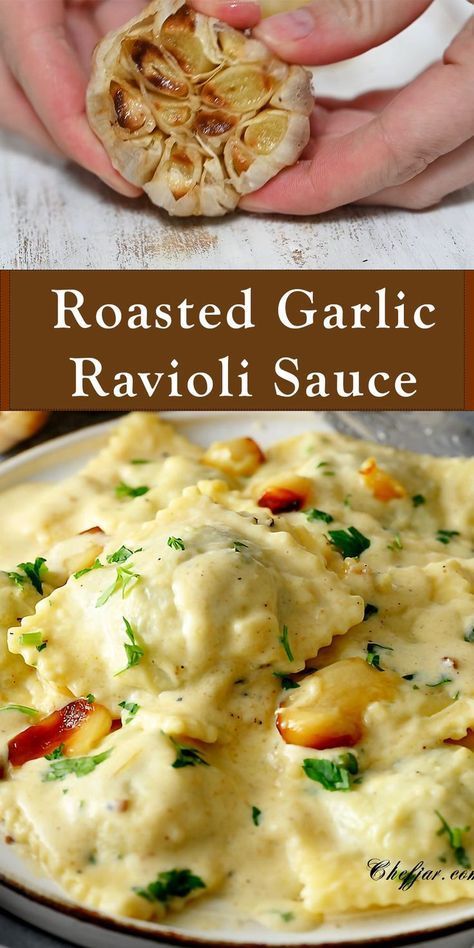 You will love this ravioli with this dreamy, creamy garlic sauce! Small Portion Meal Recipes, Meals With Onions, Homemade Ravioli Sauce Recipe, Chicken Mozzarella Ravioli Sauce, Ravioli With Tomatoes Asparagus Garlic, Rana Chicken And Roasted Garlic Ravioli, Sauce For Spinach Ricotta Ravioli, Stuffed Ravioli Recipes Sauces, Ravioli And Sausage Recipe