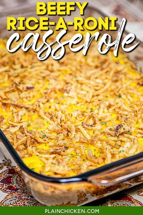 Beefy Rice-A-Roni Casserole Recipe - easy weeknight meal with only 5 ingredients! Ground beef, Beef Rice-A-Roni, cream of chicken soup, cheddar cheese, and fried onions. Can make ahead and freeze for later! Ready in 20 minutes! Add this hamburger rice casserole to your menu. It is sure to become a family favorite! Easy Rice A Roni Recipes, Rice A Toni And Ground Beef, Chicken Rice Roni Casserole, Rice Dishes With Ground Beef, Rice A Roni Recipes Casseroles, Rice O Roni Recipes Easy Dinners, Ground Beef Ricearoni, Recipes With Beef Rice A Roni, Ground Beef Casserole Recipes For Dinner Quick Meals