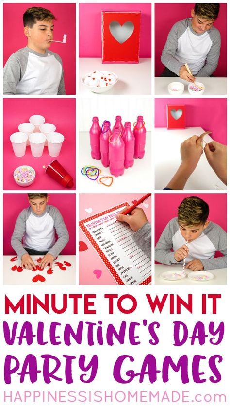 These Minute to Win It Valentine Games will be the hit of your Valentine's Day party! Valentine Minute to Win It Games for kids and adults - everyone will want to play! via @hiHomemadeBlog Teenage Party Games, Kids Valentine Party, Valentines Class Party, Valentine's Day Party Games, Valentine Party Game, Party Games For Kids, Valentines Games, Valentinstag Party, Minute To Win