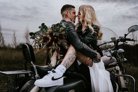 Tattooed Couple Wedding, Motorcycle Elopement Photos, Biker Elopement, Biker Wedding Ideas, Motorcycle Wedding Ideas, Biker Wedding Dress, Biker Wedding Theme, Edgy Bride, Motorcycle Wedding