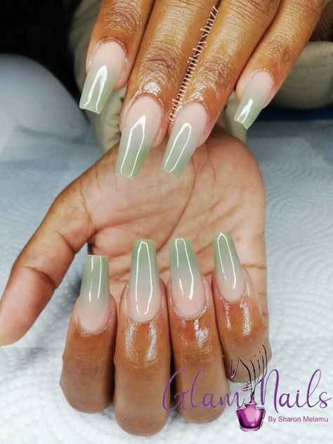 Ombre Nail Green, Light Green Nails Ombre, Sage Green And White Almond Nails, Sage Green Nails Ombre, Peach And Sage Nails, Green French Ombre Nails, Sage Green Ballerina Nails, Jade Ombre Nails, Sage Green Ombré Nails