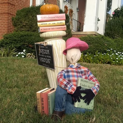 Our bookish scarecrow won 1st place!  We had so much fun participating in the Scarecrow Village at GUMC, and loved getting to see everyone's creative side!  Which scarecrow was YOUR favorite?  #scarecrowvillage #gibsonvillenc Book Character Scarecrow Ideas, Scarecrow Ideas, The Scarecrow, Book Character, Our Town, Halloween Vibes, 1st Place, Fall Festival, Book Characters