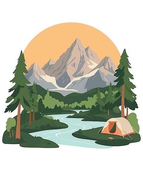 Minimal Nature Illustration, Camping Scene Illustration, Simple Mountain Art, Drawings Of Nature Landscapes, Mountain View Drawing, Nature Illustration Landscapes, Mountain Illustration Simple, Outdoors Illustration, Tent Illustration