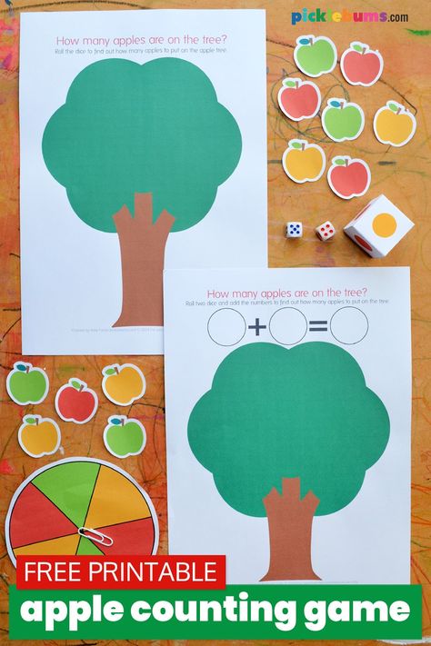 This free printable apple counting game is a fun way to work on number recognition, counting, subitising and more with your kids. Counting Apples Free Printable, Apple Math Games, Math Apple Activities, Apple Counting, Counting Activities For Preschoolers, Printable Math Games, Counting Activity, Apple Activities, Math Games For Kids