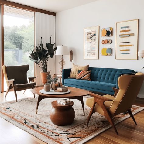 Art Deco Mcm Living Room, Bold Mid Century Modern Living Room, 60s Style Interior, Contemporary Retro Living Room, Retro House Interior Design, Living Room Retro Vintage, Eccentric Mid Century Modern, Vintage Art Living Room, Vintage Retro Interior