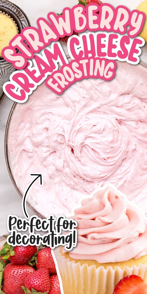 This strawberry cream cheese frosting is made with just 6 simple ingredients, is perfect for decorating, and is full of fresh strawberry flavor. Strawberry Buttercream Frosting Easy, Strawberry Cool Whip Frosting, Strawberry Cream Cheese Icing Recipe, Strawberry Cake Icing, Strawberry Frosting Recipe, Frosting Flavors, Strawberry Cream Cheese Icing, Strawberry Frosting Recipes, Best Frosting Recipe