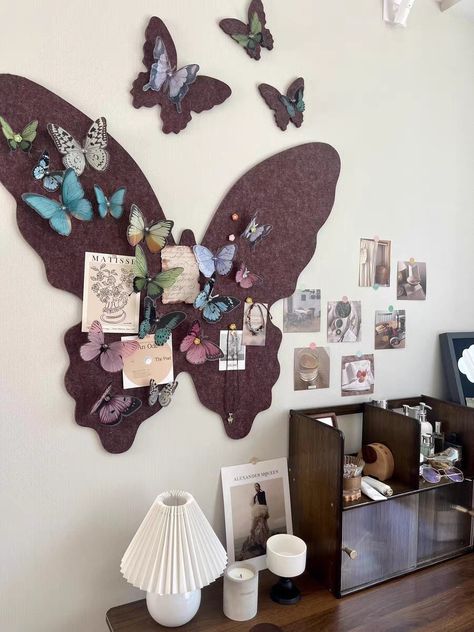 Butterfly Pin Board, Butterfly Gift Ideas, Butterfly Shapes Felt Wall Tiles, Wall Décor, Bulletin Board Price for the felt board only, not including any decoration. Order comes with masking tape, Velcro with adhesive, pushpins and a random gift. 3D butterflies decor https://jjspicks.etsy.com/listing/1701479828/32pcs-vivid-3d-butterfly-decoration Our felt tiles combine decorative aesthetics with practical performance. They are perfect for your home, office spaces, bedrooms, commercial buildings, school and recording studios. The felt tiles can easily be attached to a wall or most surfaces using the attached velcro with adhesive. And you can change the color combination or wash the felt tiles any time. ♥ INSTRUCTION 1. Adhere a strip of velcro to the wall by using the sticky back side, which L Shape Wall Decor, Butterfly Wall Design Ideas, 3d Decoration Ideas, Butterfly Pin Board, How To Make Your Room Aesthetic Diy, Butterfly Wall Decor Bedroom Ideas, Bulletin Board Ideas Aesthetic, Butterfly Room Decor Aesthetic, Cute Gifts Aesthetic