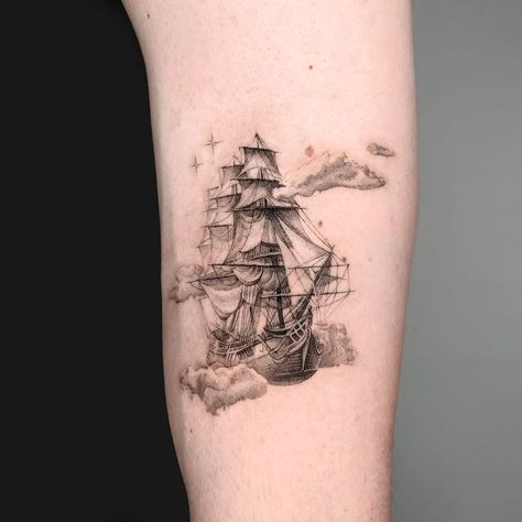 Peter Pan Tattoo Ideas, Neverland Tattoo, Pan Tattoo, Sailing Tattoo, Peter Pan Tattoo, Pirate Ship Tattoo, Sailboat Tattoo, Boat Tattoo, Sky Tattoos