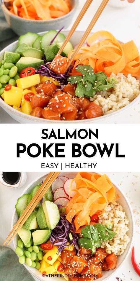 Build your own Salmon Poke Bowl from top to bottom in 30 minutes or less with sushi-grade fish, sticky rice, and a colorful assortment of fresh sides heavily influenced by a mashup of Hawaiian and Japanese culinary traditions. Fresh Sides, Salmon Poke Bowl Recipe, Salmon Poke Bowl, Poke Bowl Recipe, Salmon Poke, Poke Bowls, Rice Recipes For Dinner, Comidas Fitness, Family Lunch