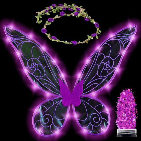 PRICES MAY VARY. Enchanting Costume Set: Transform into a mystical fairy with our complete package including purple holographic light up fairy wings, a flower crown, and purple chunky glitter. Ideal for kid's fairy, butterfly, or angel costumes, adding a touch of enchantment to any outfit. Sparkling Fairy Glitter: Elevate your costume with our high-intensity, holographic purple chunky glitter. Featuring stars, dust, and hexagons, it creates an irresistible glow fit for festivals or club nights. Orange Fairy Costume, Black Fairy Wings, Blue Fairy Costume, Purple Fairy Wings, Pink Fairy Wings, Fairy Glitter, Fairy Cosplay, Butterfly Costume, Fairy Crown