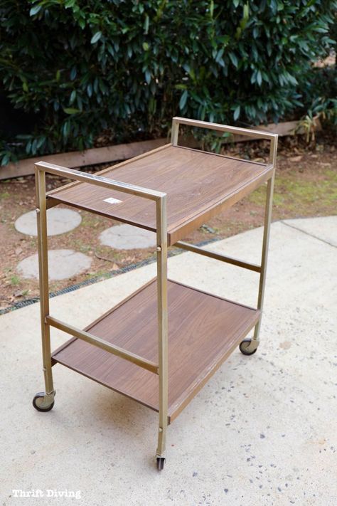 BEFORE & AFTER: Vintage Bar Cart Makeover From the Thrift Store! Tea Trolley Makeover, Repurposed Bar Cart, Vintage Bar Cart Ideas, Bar Cart Ideas Diy, Diy Bar Cart Repurposed, Microwave Cart Makeover, Metal Cart Makeover, Tea Cart Ideas, Painted Bar Cart