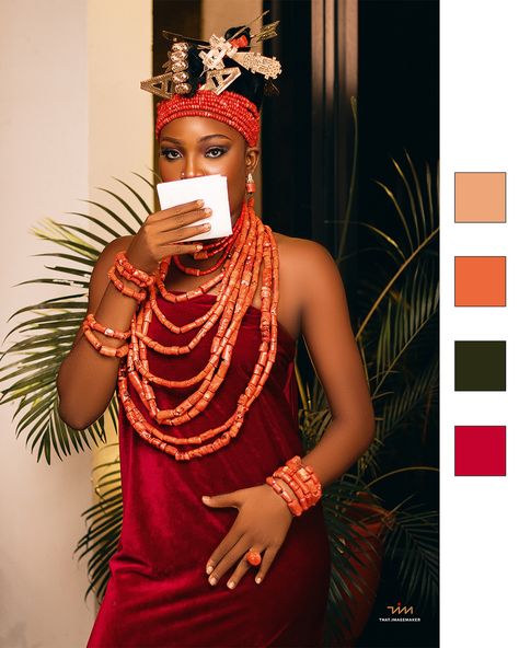 The Edo culture is one of the richest in Nigeria. An Edo bride wears the Edo wedding attire for her traditional wedding. The rich and regal outfit consists mostly of beaded coral attires. Her head is styled and crowned with coral beads which form a crown on her head. Underneath the coral beaded vest, she wears one gorgeous fabric material either, velvet wrapper, lace or George. To complete the regal tradition, they bedeck their necks and hands with beads known as Ivie-uru and Ivie-obo. Phot... Edo Wedding, Edo Brides, Beaded Vest, Traditional Wedding Attire, Bride Wear, Coral Beads, Gorgeous Fabrics, Wedding Attire, Traditional Wedding