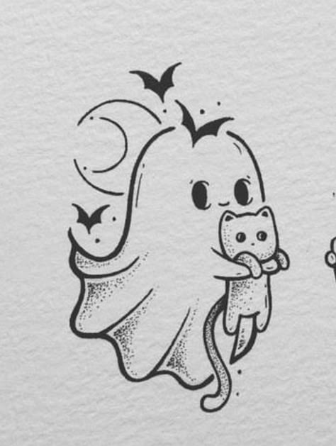 Tattoos Spooky, Cute Halloween Tattoos, Tattoo Cute, Ghost Tattoo, Witch Tattoo, Tattoo Cat, Halloween Tattoos, Simple Doodles, A Ghost