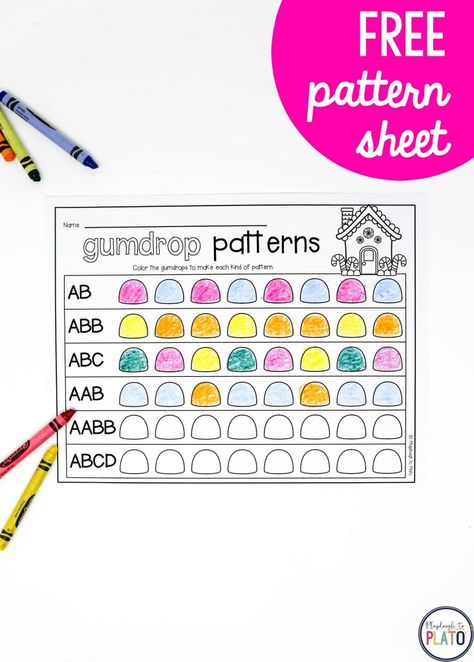 FREE Gumdrop Patterns! A sweet way for pre-k, kindergarten and first grade kids to work patterns like AB, ABB, ABC, AABB, ABCD plus an option to make their own. A great addition to any Christmas or Gingerbread themed math center this winter holiday season! #PlaydoughToPlato #freepatternwork #kindergarten #pre-k #freemathcenters #gingerbread Patterns For First Grade Math, Patterning Math Centers, First Grade Pattern Activities, Math Their Way Kindergarten, Patterns Grade 2 Activities, Making Patterns Kindergarten, Patterning Grade 1, Patterning In Kindergarten, Grade 1 Patterning Activities