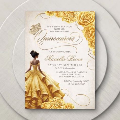 Yellow Quinceanera Theme, Quince Invitations Ideas, Fairy Tale Romance, Romantic Princess, Quince Invitations, Dress Quinceanera, Crown Aesthetic, Quinceanera Themes, Dreamy Artwork