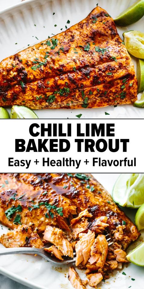 Chili lime baked trout Baked Fish Dinner, Trout Fillet Recipes, Baked Trout, Trout Recipe, Fish Entrees, Trout Recipes, Fish Dinner Recipes, Fish Recipes Healthy, Fish Dinner