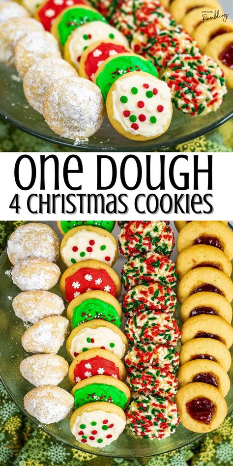 Make more cookies with less effort this Christmas! Use one cookie dough recipe to make 4 different cookies. Make thumbprint, sprinkle, frosted sugar, or secret kiss cookies. Secret Kiss Cookies, Freezable Cookies, Basic Dough Recipe, Different Cookies, Christmas Cookie Recipes Holiday, Christmas Baking Cookies, Cookie Dough Recipe, Basic Cookies, Christmas Baking Recipes