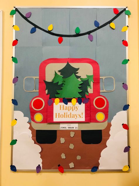 Christmas Truck Bulletin Board, Red Truck Door Decorating Contest, Santa Sleigh Bulletin Board, Christmas Tree Farm Door Decorations, Door Decorations Holiday, Winter Billboard Ideas, Happy Holidays Bulletin Board Ideas, Christmas Decor Ideas Classroom Door, Candy Cane Bulletin Board Ideas