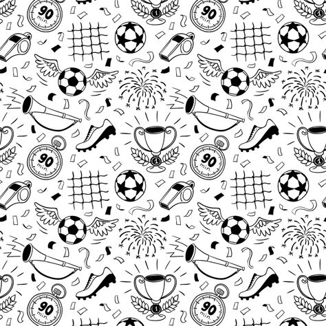 This animated football wallpaper brings a buzzing stadium of dreams to a child's bedroom. Winged footballs fly through the air, accompanied by trophies, medals, and studded football boots. This black and white kids' wallpaper celebrates the beautiful game in a bold monochrome colourway. Create a bedroom for champions by hanging this exciting print in either a girl's or a boy's bedroom. A black-and-white colour scheme allows for plenty of decorating choices. Product Code: ILW50268 Finish: Flat Su Black And White Stripe Wallpaper, Calm Bedroom Ideas, Football Pattern, Sneakers Wallpaper, The Beautiful Game, Black Background Wallpaper, Wall Art Hanging, Football Wallpaper, Boy's Bedroom