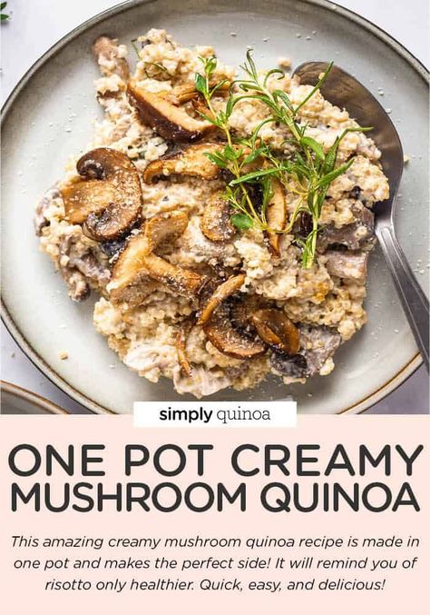 This is amazing Creamy Mushroom Quinoa is the best dish ever! This easy recipe uses just a few ingredients, is great for dinner or as a side, tastes amazing, and is the ultimate healthy dish for the holidays. This recipe is made with mushrooms, quinoa, cashew cream and served with fresh herbs. Vegan, gluten-free, and so easy to make. Quinoa Recipes Dinner, Pilsbury Recipes, Mushroom Side Dishes, Mushroom Quinoa, Quinoa Recipe, Vegetarian Quinoa, Mushroom Dish, Simply Quinoa, Cashew Cream