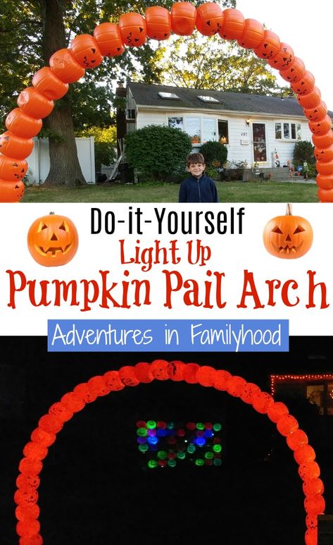 Reuse plastic pumpkin pails by creating a dramatic Halloween Pumpkin Pain Arch #diy #halloween Diy Pumpkin Man, Plastic Pumpkin Arch, Halloween Arches Diy, Halloween Pumpkin Arch, Diy Halloween Arch, Diy Pumpkin Arch, Pumpkin Arch, Halloween Arch, Neighborhood Halloween