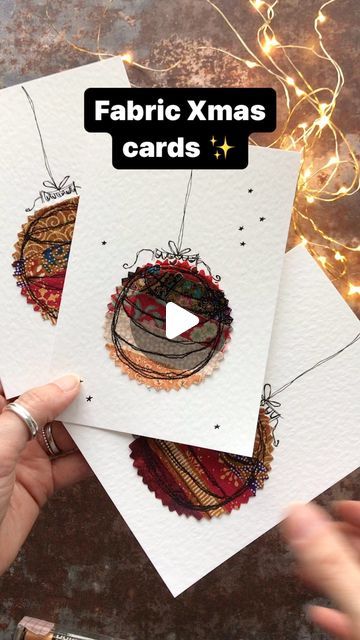 Mira on Instagram: "I’m on a roll (which might explain the lack of sleep this week lol) - another tutorial is now live on my YouTube channel. These free motion embroidered fabric baubles are a great little scrap buster and make for beautiful and unique cards with a personal touch! Happy sewing & thanks for watching! ❤️ #bauble #baubles #freemotionstitching #freemotionembroidery #freemotion #freemotionsewing #sewingtutorial #sewingtutorials #handmadechristmas #handmadechristmascards #fabricgifts #sewinggifts #fabricscraps #fabricscrapsproject #scraps #cardmaking #sewingproject #bluebellhillcrafts #sewingonpaper #papersewing #christmassewing #xmascard #xmascards" Free Motion Embroidery Christmas Cards, Textile Cards Fabric Art, Fabric Scrap Christmas Cards, Free Motion Christmas Cards, Fabric Xmas Cards, Embroidered Christmas Cards, Fabric Baubles, Fabric Christmas Cards, Machine Embroidery Christmas