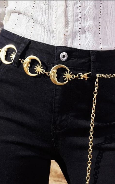 Gold stars and moon belt. Gold tone chain belt, features large moon charms and stars. Features a sun charm connector and the moon coven metal emblem. Has an adjustable hook chain. Gold Moon Aesthetic, Celestial Aesthetic Clothes, Moon Chain Belt, Gold Trinkets, Cute Belts, Moon Belt, Moon Clothing, Moon Chain, Sun Belt