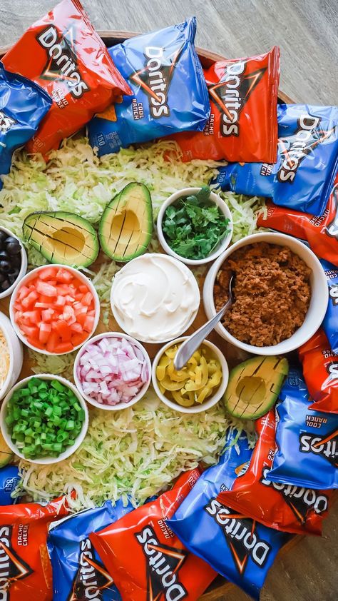 Walking Taco Board, Nacho Charcuterie Board, Taco Charcuterie Board, Samantha Bauchmann, Mccormick Taco Seasoning, Nacho Cheese Doritos, Walking Taco Bar, Cool Ranch Doritos, Taco In A Bag