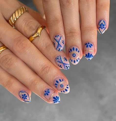 peachi nails (@peachinails) • Instagram photos and videos Short Blue Nail Designs, Evil Eye Nails, Nail Designs Ideas, Boho Nails, May Nails, Hippie Nails, Work Nails, Blue Nail Designs, Almond Acrylic Nails