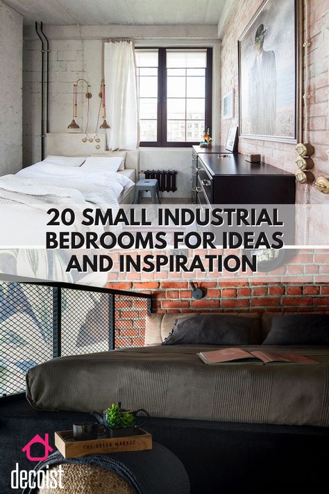 Brick wall and smart metal mesh offer ample textural contrast to a small industrial bedroom Industrial Design Small Apartment, Mens Bedroom Industrial, City Industrial Decor, Industrial One Bedroom Apartment, Small Bedroom Industrial Style, Industrial Studio Apartment Small, Industrial Feminine Bedroom, French Industrial Bedroom, Industrial Small Bedroom Ideas