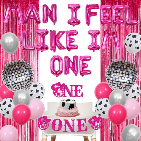 PRICES MAY VARY. You will receive: 16pcs latex balloons 12inches(4 hot pink, 4 light pink, 4 silver, 4 cow spotted), 1 set of man i feel like im one foil balloons 16inches, 2pcs disco balloons 18inches, 1pc hot pink rain curtain, 1pc disco 1st cake topper, 1pc disco one high chair banner and 10M white ribbons. Glitter disco 1st birthday cake topper and high chair banner: Our Our high chair banner and cake topper are made of printed glitter cardboard and reusable. Glitter design will bring dazzli Man I Feel Like I’m One Birthday Cake, Man I Feel Like Im One Birthday, Man I Feel Like I’m One Birthday, Disco Cowgirl 1st Birthday, Cowgirl First Birthday Party, Cowgirl First Birthday, Cowgirl 1st Birthday, Disco Balloons, Cowgirl Party Decorations