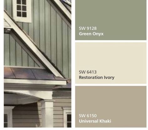 Olive Green And Tan House Exterior, Olive Green Windows Exterior, Neutral Green Exterior House Colors, Mossy Green Exterior House Paint, Tan Trim Exterior House, Tan Colored Houses Exterior, Behr Green Exterior House Colors, Green And Cream Exterior House Colors, Sage Green Siding House Exterior Colors