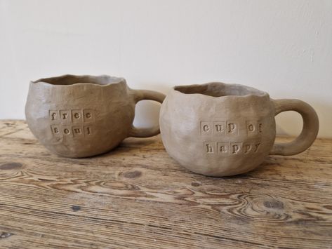 Stamped mugs ~ Positive mugs ~ Mugs with messages ~ Positive message mugs ~ Handbuilt mugs ~ Pinch pot mugs ~ Pottery mugs ~ Ceramic mugs by River Rabbit Studio - Kayleigh Victoria Rose Handbuilt Ceramic Mugs, Handbuilt Mug, Positive Mugs, Pinch Mug, Pinch Pot Mug, Handbuilt Mugs, Pinch Pot Ideas, Pottery Party, Handbuilt Ceramics