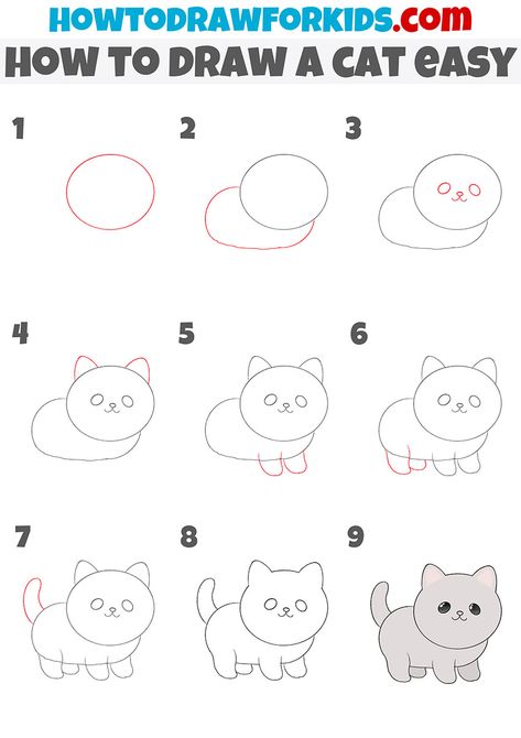 Draw Kitty Easy, Drawing Cute Cats Tutorial, How To Draw A Funny Cat, Cute Cat Drawing Easy Step By Step, East Drawing Step By Step, How To Draw A Cat Doodle, Cat Drawing Easy Step By Step, Cat Draw Step By Step, How To Draw Cartoon Cats Step By Step