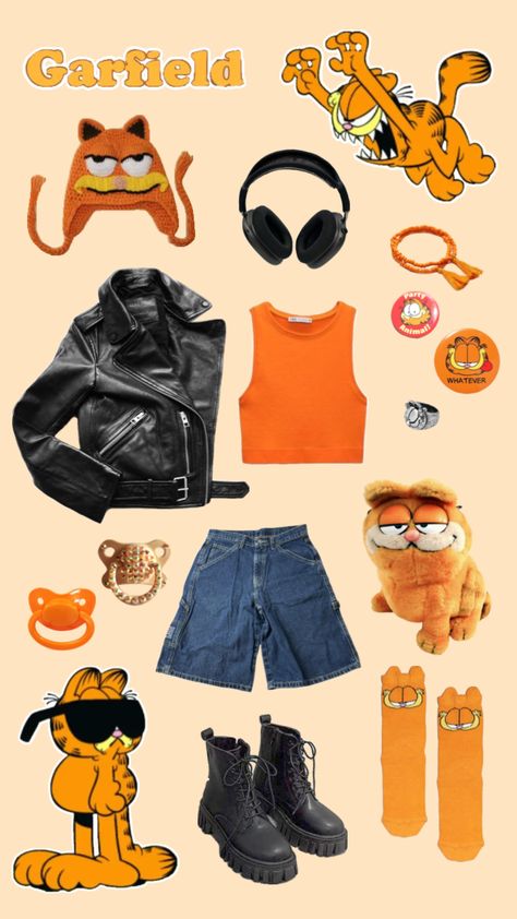 Garfield Costume Women, Garfield Outfit Ideas, Garfield Halloween Costume, Garfield Makeup, Garfield Inspired Outfit, Garfield Cosplay, Garfield Outfit, Garfield Sweater, Garfield Jacket