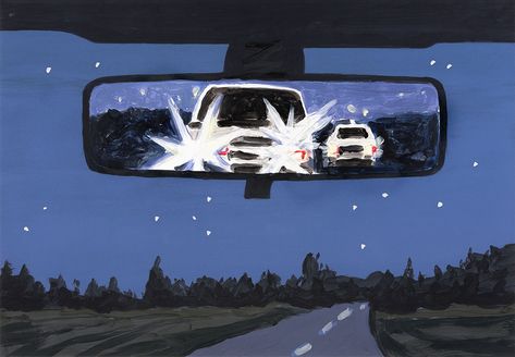 Rear View Night B    -    Richard Bosman ,,2017 American, b.1944- Monoprint, archival pigment print , 21.75 x  29.75 in. Monoprint, Rear View, A Car, At Night, Road, Mirror, Cars