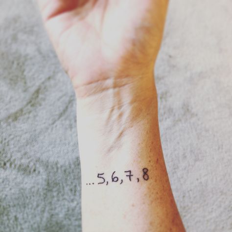 Dancer tattoo.  Ready and 5,6,7,8 Minimalistic Dance Tattoo, Dancers Tattoo Ideas, 5678 Tattoo Dance, Cheer Tattoos, Dancers Tattoo, Dancer Tattoo Ideas, Ballet Tattoos, Hannah Tattoo, Dancer Tattoo