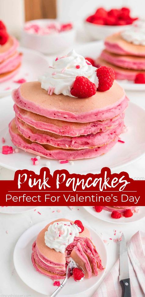 Pink Pancakes are just like normal pancakes but way more fun! Perfect for Valentine's Day, Mother's Day, or whenever you're craving pancakes. Valentines Brunch Ideas, Valentines Breakfast Ideas, Valentines Day Meals, Valentine Foods, Valentine Dinner Ideas, Recipes For Valentines Day, Vacation Snacks, Family Valentines Dinner, Pink Pancakes