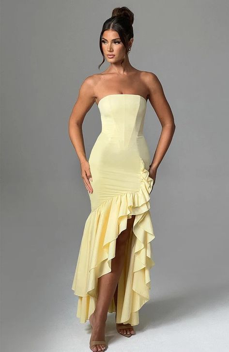 Angelina Maxi Dress - Lemon – BABYBOO Soft Girl Era, Backless Bodycon Dresses, Strap Dresses, Club Party Dresses, Tube Top Dress, Off Shoulder Fashion, Bodycon Maxi Dresses, Irregular Hem, Split Dress