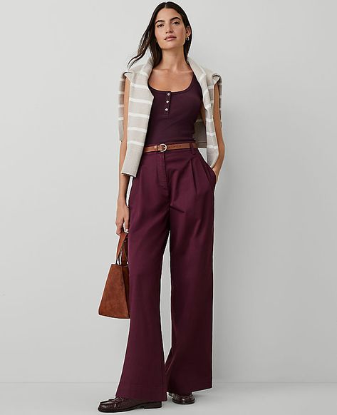 Introducing Ann Taylor Weekend – relaxed separates and easy pairings that take the work out of getting dressed. Front zip with double hook-and-bar closure. Belt loops. Front pleats. Vertical on-seam pockets. Back welt pockets.,Leg Shape:Leg Shape: Wide Leg – a modern must-have with a statement leg and flattering high waist,Rise:High rise: sits 1/2" to 1" below natural waist,Imported:Imported,Fit:Fit: Relaxed & easy,Length:Full length: 31" inseam with 25" leg opening,Fabrication:97% Cotton, 3% Spandex,Garment Care:Machine Washable AT Weekend Topstitched Wide Leg Pants by Ann Taylor Size regular - 2 Plum Rose Women's Cotton, Blend, Regular, Wide, Leg, Pants, 97%, Cotton, 3%, Spandex, Machine, Washable Maroon Wide Leg Pants Outfit, Women’s Trousers, Khaki Dress Pants Outfit Women, Purple Pants Outfit Work, Maroon Pants Outfit Work, Statement Pants Outfit, Wide Leg Trousers Outfit Work, Plum Pants Outfit, Wide Legged Pants Outfit