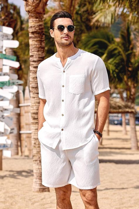 This mens summer 2 Piece cotton linen shorts set,cool and soft. Loose and relaxed fit pajamas set cotton linen set beach 2 pieces casual summer outfits. #men #outfit Beach Outfit For Men, Modest Beach Outfit, White Beach Outfit, Short Set Outfit, White Linen Outfit, Mens Linen Outfits, 2024 Beach, White Outfit For Men, Vacation Outfits Men