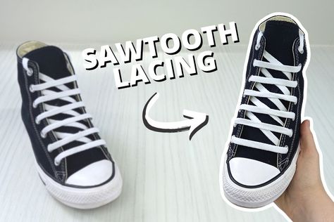 Sawtooth lacing 4 Hole Shoe Lace Patterns, Lattice Lacing Shoes, How To Style Converse, How To Tie Laces, Lace Converse Shoes, Lace Converse, Lightning Shoes, Shoe Lacing Techniques, Army Shoes