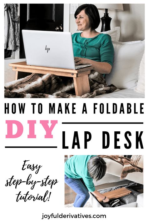 DIY Lap Desk / Folding Bed Tray Table Tutorial / Easy steps for how to make a diy lap desk or laptop table with legs. This folding table can also be used for a bed tray! Perfect for kids and much more comfortable than one with a pillow underneath. Use these woodworking plans and simple steps to make your own lapdesk out of wood that easily stores away when not in use. #diy #diydesk #diylapdesk #diytutorial Lap Desk Diy, Bed Tray Diy, Diy Lap Desk, Diy Seng, Bed Tray Table, Lap Table, Desk Diy, Diy Laptop, Murphy Bed Plans