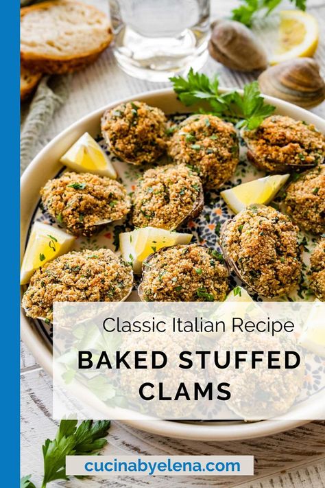 Baked stuffed clams in a baking dish with lemon wedges. Clams Oreganata Recipes, Coastal Italian Dinner Party, Stuffed Clams Recipe, Baked Clams Recipe, Clam Appetizers, Clams Oreganata, Oreganata Recipe, Baked Clams Oreganata, Stuffed Clams